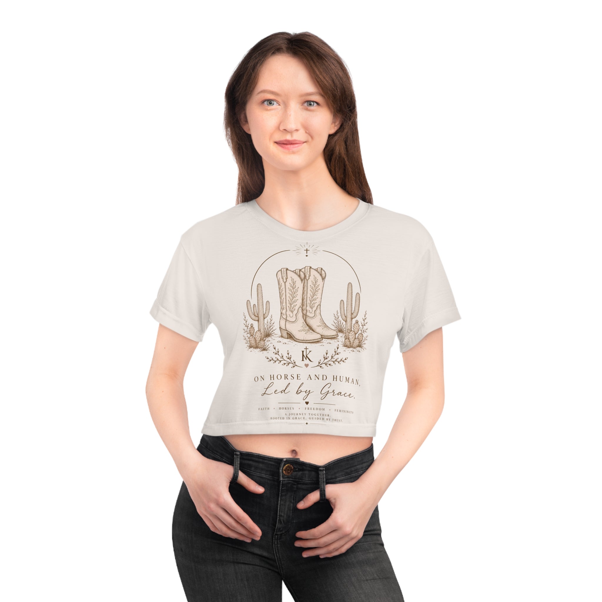 Cowgirl Boots Crop Tee — "Led by Grace" Western Graphic Crop Top